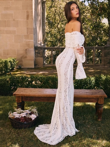 Women Off Shoulder Lace Maxi Dress Elegant Long Bell Sleeve Fishtail Mermaid Bodycon Wedding Evening Party Gown