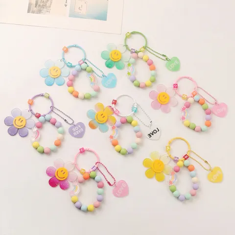 Acrylic Sunflower Keychain Macaron Color Bead Bag Charm Heart Love Rainbow Letter Women Girls Sweet Cute Decoration