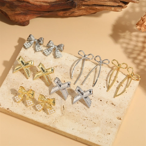 Vintage Kupfer Schleife Zirkonia Ohrstecker Gold Silber Vergoldet Künstliche Perle Ohrringe Für Damen Party Mode Schmuck