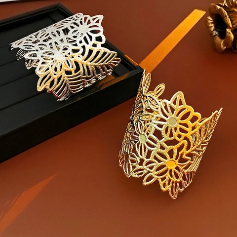 Floral Hollow Out Wide Open Bangle Bracelet Retro Metal Leaf Pattern Cuff For Women Vintage Luxury Style