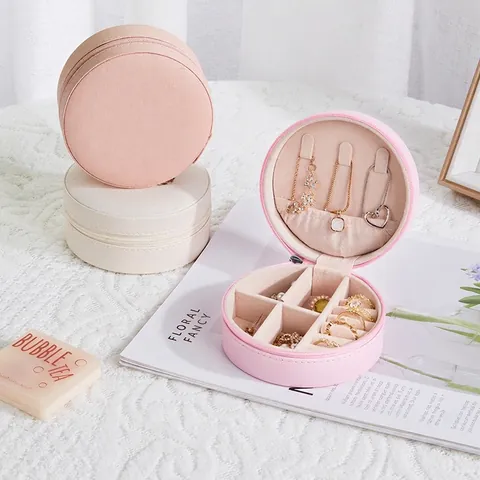 Portagioie Rotondo Portatile in Pelle PU per Donna Viaggio Mini Organizzatore per Orecchini e Anelli Con Cerniera Fodera Morbida