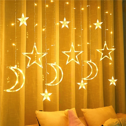 LED Curtain String Lights Star Moon Reindeer Bell Plastic Warm White Multicolor Romantic Fairy Atmosphere Holiday Decor