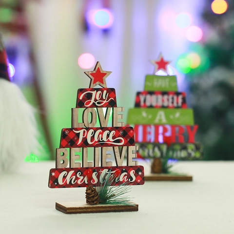 Houten Kerstboom Hol Desktop Ornament Ruit Letters Dennenappels Decoratie Voor Thuis Kantoor Vakantie Feest Decoratie