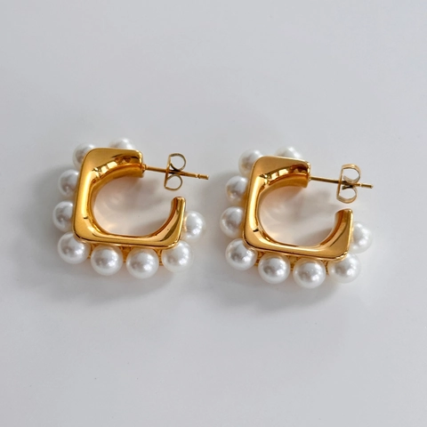Vintage C-Form Creolen 18K Vergoldeter Edelstahl Mit Weißen Künstliche Perlen Geometrische Retro Französischer Stil Für Damen