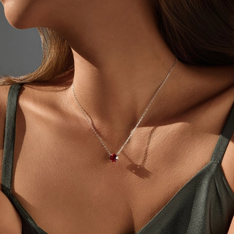 925 Sterling Silber Halskette Für Damen Runder Roter Zirkonia Anhänger Rose Cut Schlüsselbeinkette Minimalistisch Elegant