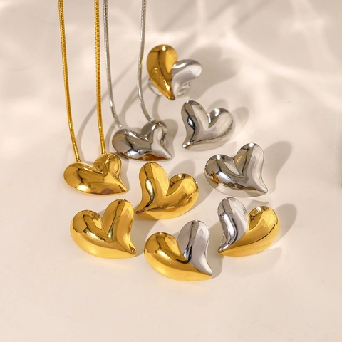 Ensemble de Bijoux Cœur en Acier Inoxydable pour Femmes Or Argent Bicolore Boucles d'Oreilles Clous Cœur 3D Collier Accessoires Bijoux Vintage Français