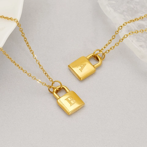 Minimalist Stainless Steel Initial Lock Pendant Necklace 18K Gold Plated Simple Capital Letter Fashion Jewelry For Women