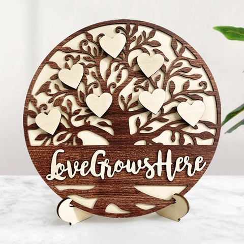 Familienstammbaum Ornament Holz 3D Lasergeschnitten Love Grows Here Herz Schreibtischdeko Muttertagsgeschenk Rund Naturholz