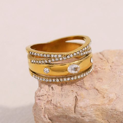 Wide Multi Layer Ring 18K Gold Plated Stainless Steel Pave White Zircon Fashion Elegant Commuter Jewelry For Women