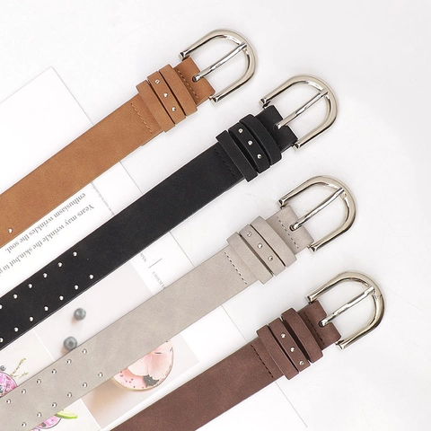 Vintage Women Faux Leather Belt With Studded Rivets Punk Style Suede Texture Pin Buckle Waist Strap For Jeans Dresses