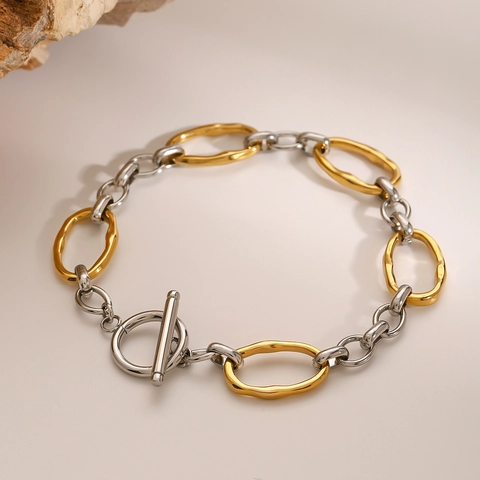 Bracciale a Catena Bicolore in Acciaio Inossidabile Donna Mix Oro Argento Chiusura a Barra Gioielli Ipoallergenici
