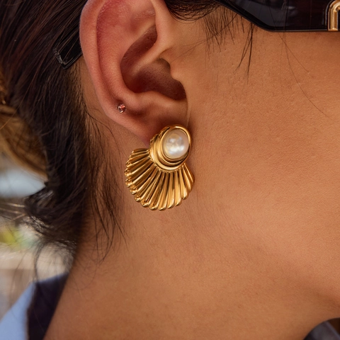 Orecchini A Lobo Ventaglio Conchiglia Oro 18K Acciaio Inossidabile Con Perla Artificial E Occhio Di Tigre Impermeabile Gioielli Donna