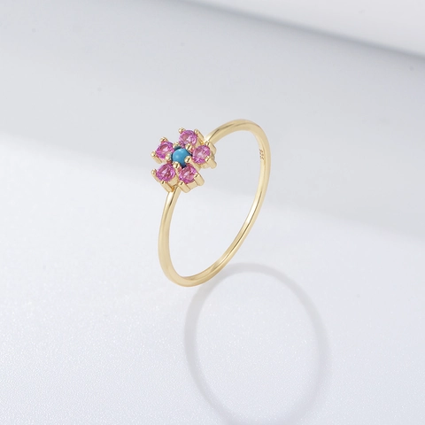 925 Sterling Silber Blumenring Mit Rosa Edelstein Und Türkiszentrum Minimalistischer Süßer Schmuck Für Damen