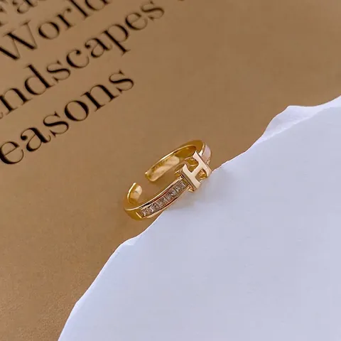 Verstellbarer Ring Aus Kupfer Mit H-Buchstabe Echtgold Vergoldet Zirkon Inlay Geometrischer Luxusschmuck Für Damen