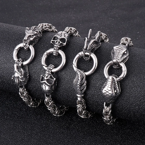 Men Retro Punk Bracelet Titanium Steel Byzantine Chain Lion Dragon Skull Snake Head Gothic Jewelry