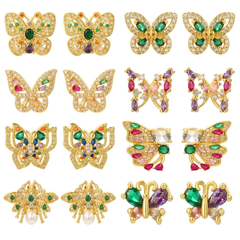 Butterfly And Bee Stud Earrings Copper 18K Gold Plated Colorful Zircon Rhinestone Artificial Pearl Minimalist Elegant Jewelry For Women