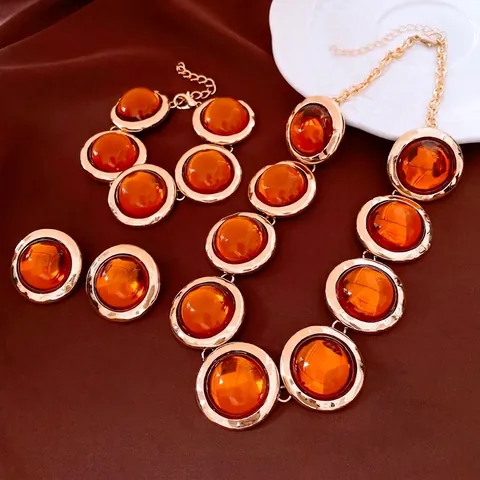 Collier Bracelet Et Boucles D'oreilles En Résine Ambre Ronde Vintage Avec Tige De Boucle D'oreille En Argent Pour Femmes Bijoux Alliage