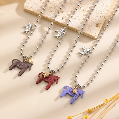 Collana con Ciondolo a Forma di Cavallo in Smalto e Lega Vintage per Donna Catena a Sfere Creativa con Strass Gioielli alla Moda