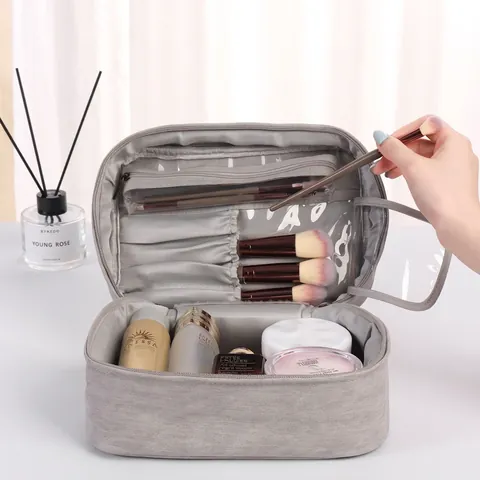 Large Capacity Makeup Bag Nubuck Quilted Portable Cosmetic Organizer Travel Toiletry Pouch Multi Layered Handle For Women