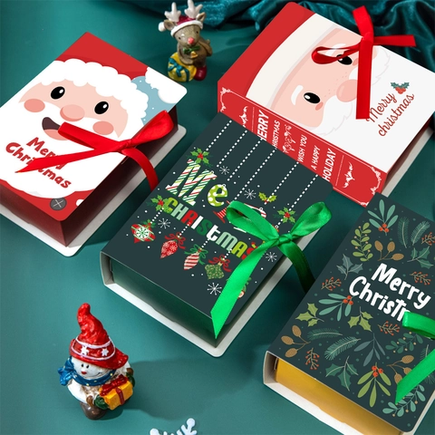 Weihnachts Geschenkbox Buchform Karton Feiertag Süßigkeiten Verpackung Schleife Festlich Weihnachtsmann Deko