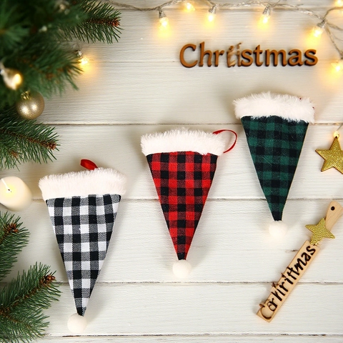 Porte Couverts De Noël Forme Bonnet De Père Noël Buffalo Plaid Polyester Pochette Pour Décoration Table De Fête