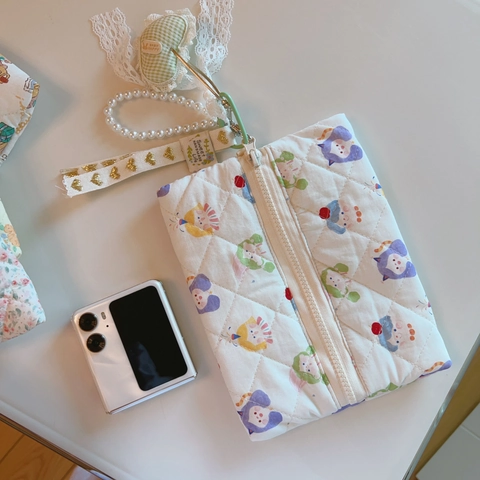 Quilted Cotton Mini Handbag Floral Cartoon Padded Makeup Pouch With Artificial Pearl Chain Handle And Heart Pendant For Women