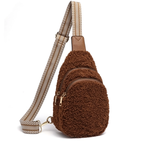 Plush Crossbody Chest Bag Lamb Wool Teddy Fleece Wide Geometric Strap PU Leather Detail Winter Fashion Casual For Women