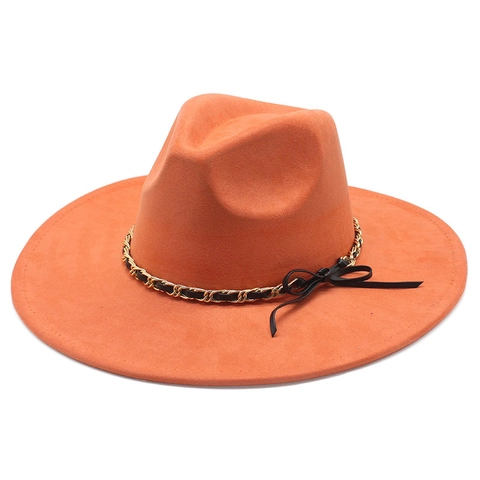 Breitrandiger Fedora Hut Wildlederoptik Goldkette Lederbogen Vintage Jazzhut Elegant Mode Accessoire