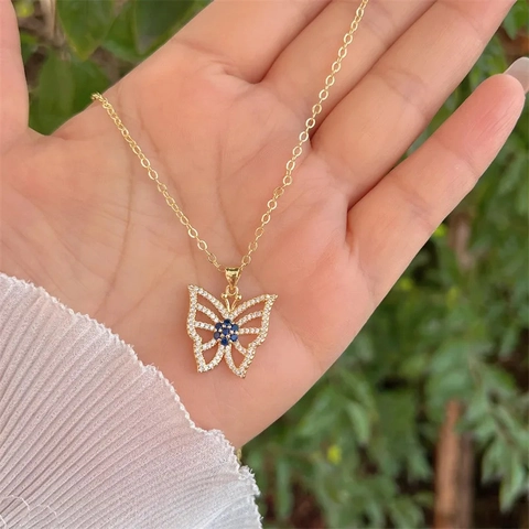 Schmetterling Engel Flügel Herz Anhänger Halskette 18K Vergoldet Kupfer Bunter Zirkonia Design Schmuck Für Damen