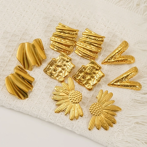 18K Gold Plated 304 Stainless Steel Earrings Irregular Wrinkled Geometric Daisy Flower Waterproof Hypoallergenic Women