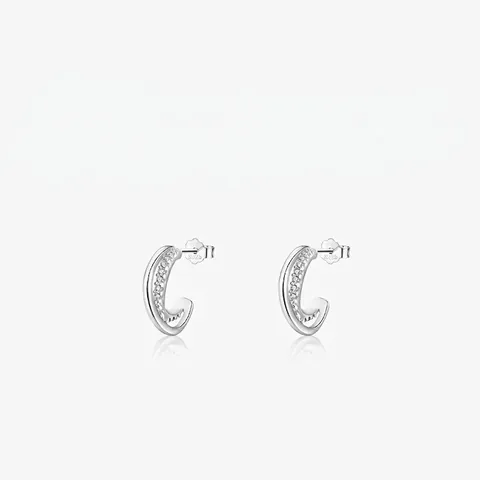 Pendientes De Aro Geométricos En C Doble Capa Plata De Ley 925 Circonita Pavé Joyería Minimalista Elegante Mujer