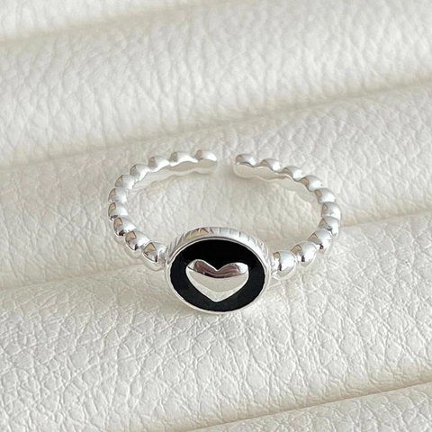 Anello In Argento Sterling 925 Forma Di Cuore Con Smalto Nero Fascia Perlata Aperto Regolabile Stile Minimalista Per Donna