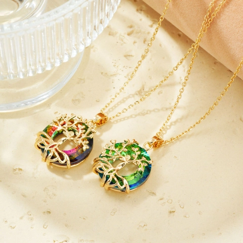 Collana Pendente Albero Della Vita Rame Con Cristallo Artificiale Gradiente Colorato Gioielli Tondi Cavi Per Donne Moda