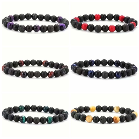 Beaded Bracelet Natural Tiger Eye Lava Stone Hematite Healing Energy Elastic Yoga For Men Women