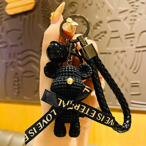 Gebreide Beer Sleutelhanger Hars Legering Tas Hanger Met Bel Gevlochten Koord PU Strik Auto Sleutelhanger Cadeau