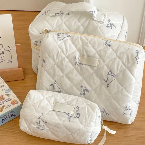 Gewatteerde Katoenen Make-up Tas Schattige Konijn Print Cosmetische Organizer Toilettas Draagbare Reistas Voor Dames