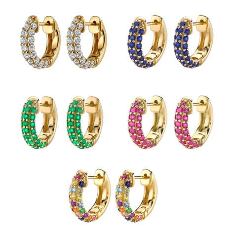 Damen 925 Sterling Silber Creolen Vergoldet Doppelreihige Strass Ohrringe Geometrische Pavé Kristall Kleine Huggie Ohrringe