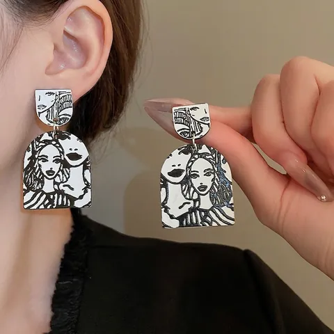 Abstracte Gezichtslijn Hangende Oorbellen Met Zilveren Oorsteker Zwart Wit Geometrische Acryl Drop Sieraden Voor Dames