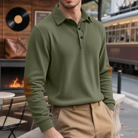 Heren Polo Shirt Met Lange Mouwen Corduroy Retro Casual Met Elleboog Patches Omslagkraag Geribbelde Manchetten