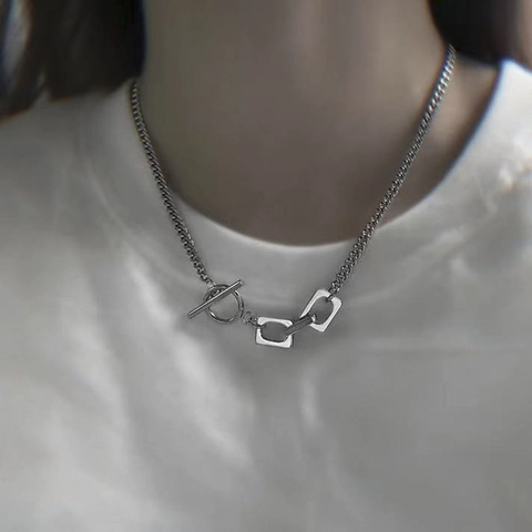 Neutral Industrial Style Silver Alloy Toggle Clasp Necklace For Women Men Minimalist Street Cuban Chain Geometric Necklace Jewelry