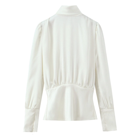 Satin Blouse Long Sleeve Bow Tie Neck Shirt Backless Elegant Solid Color Fashion Office Top For Women