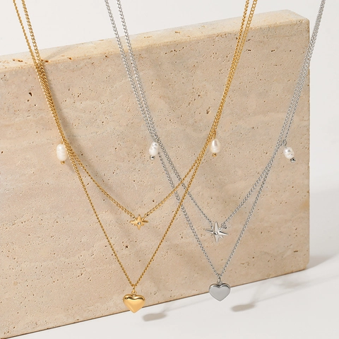 Collar De Doble Capa De Acero Inoxidable Colgante De Estrella Octogonal Corazón Perla Artificial De Imitación Joyería Elegante De Lujo Para Mujer