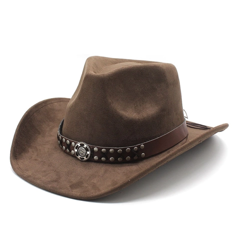 Chapeau De Cow-Boy Western Daim Feutre Large Bord Style Ethnique Bande Cuir Rivets Rétro Pour Hommes Et Femmes