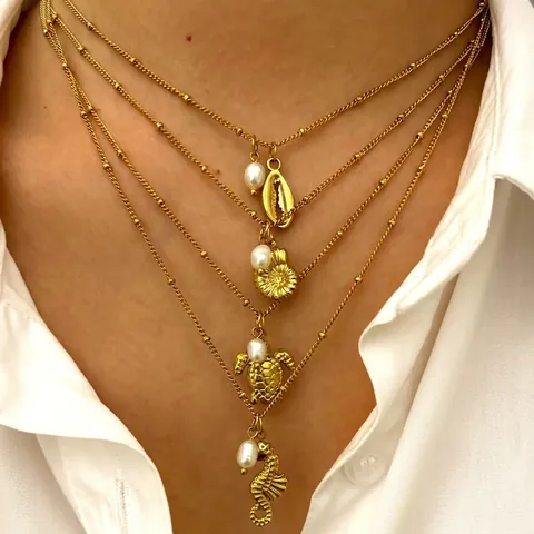 Collar con Colgante de Perla de Agua Dulce de Acero Inoxidable Tema Océano Oro Tortuga Marina Concha Caballito de Mar Joyería Mujer