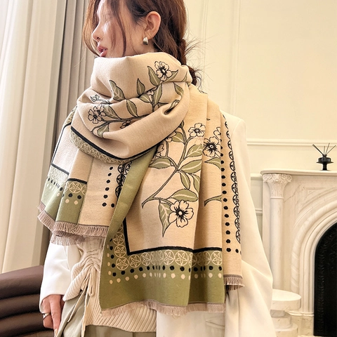 Sciarpa Scialle In Imitazione Cashmere Con Stampa Floreale Grande Caldo Retro Jacquard Avvolgente Con Nappe Per Donna