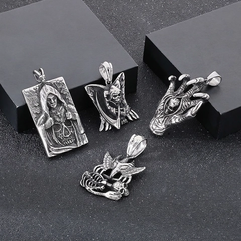 Gothische Magere Hein Hanger Ketting Roestvrij Staal Schedel Skelet Kruis Punk Vintage Sieraden Voor Mannen