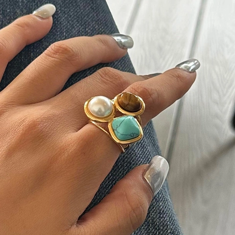 Bohemian Stainless Steel Ring With Tiger Eye Turquoise And Artificial Pearl Open Adjustable Vintage Layered Jewelry For Women