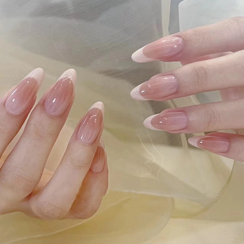 Uñas Postizas French Tip Forma Almendra Degradado Rosa Nude Plástico ABS Desmontables Reutilizables Cobertura Completa Minimalistas