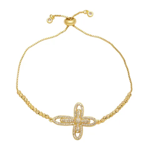 Bracciale Con Pendente A Croce Rame Placcato Oro 18K Zircone Fibbia Scorrevole Regolabile Gioielli Da Donna
