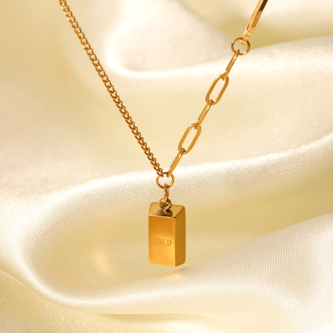 Asymmetric Chain Necklace With Gold Bar Pendant Stainless Steel Gold Plated Engraved Jewelry For Women